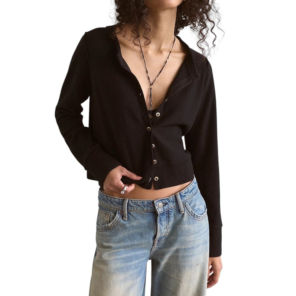 Free People Nocturnal Solid Cashmere Cardi Womens XL Black Wool Cashmere Cropped